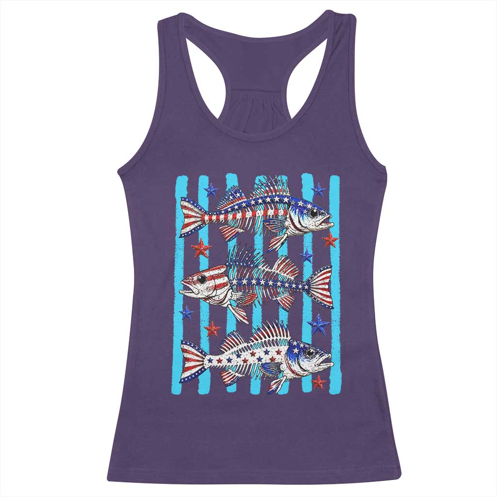 Patriotic Striped Bass Fishing Skeleton Racerback Tank Top USA Flag Angler Gift