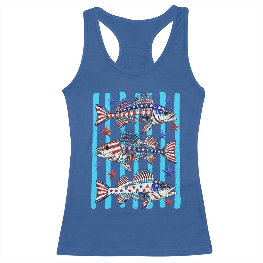 Patriotic Striped Bass Fishing Skeleton Racerback Tank Top USA Flag Angler Gift