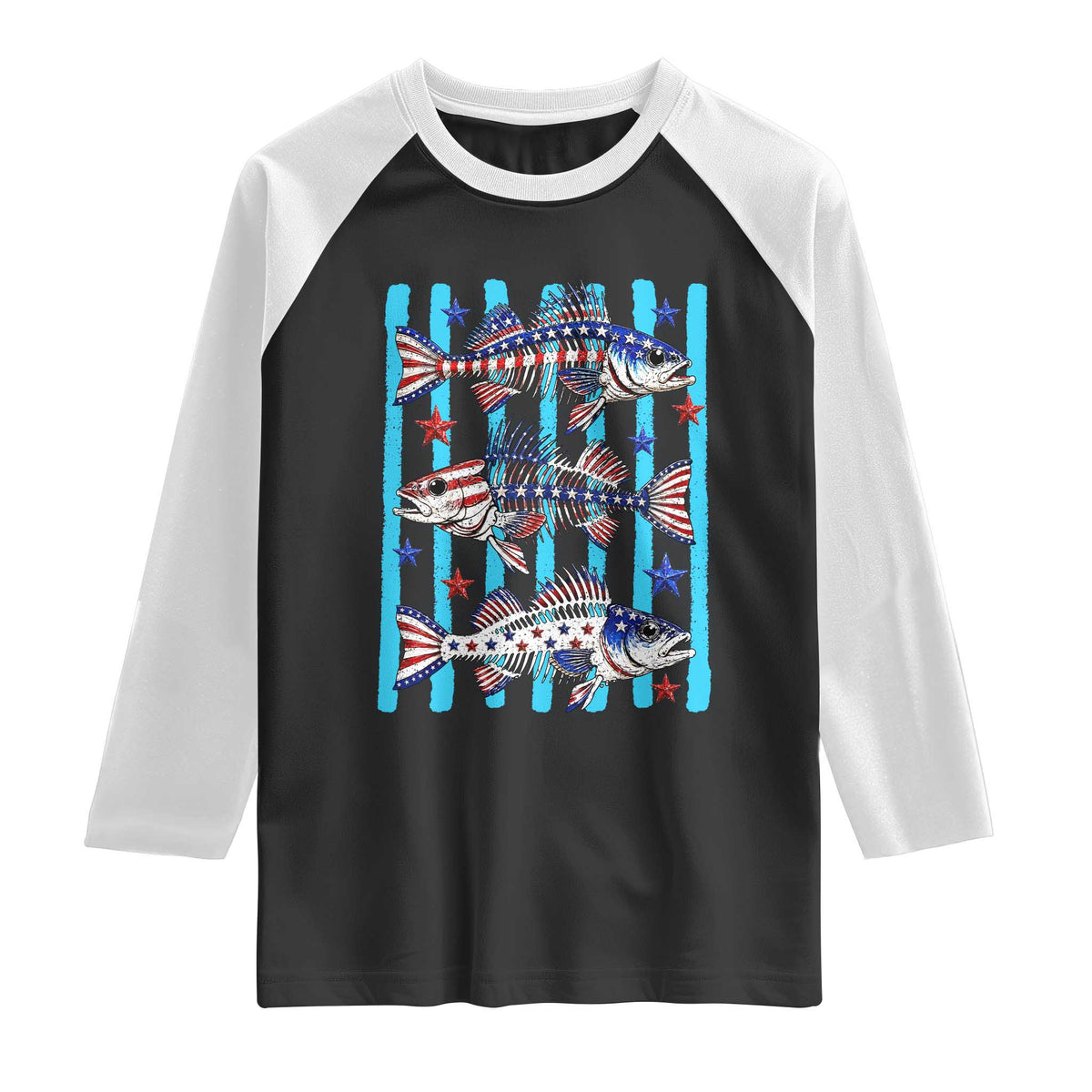 Patriotic Striped Bass Fishing Skeleton Raglan Shirt USA Flag Angler Gift