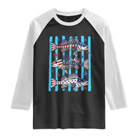 Patriotic Striped Bass Fishing Skeleton Raglan Shirt USA Flag Angler Gift