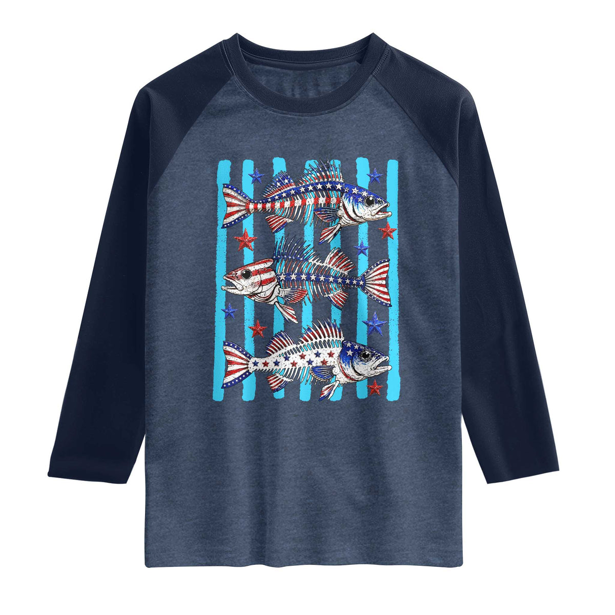Patriotic Striped Bass Fishing Skeleton Raglan Shirt USA Flag Angler Gift