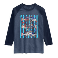 Patriotic Striped Bass Fishing Skeleton Raglan Shirt USA Flag Angler Gift