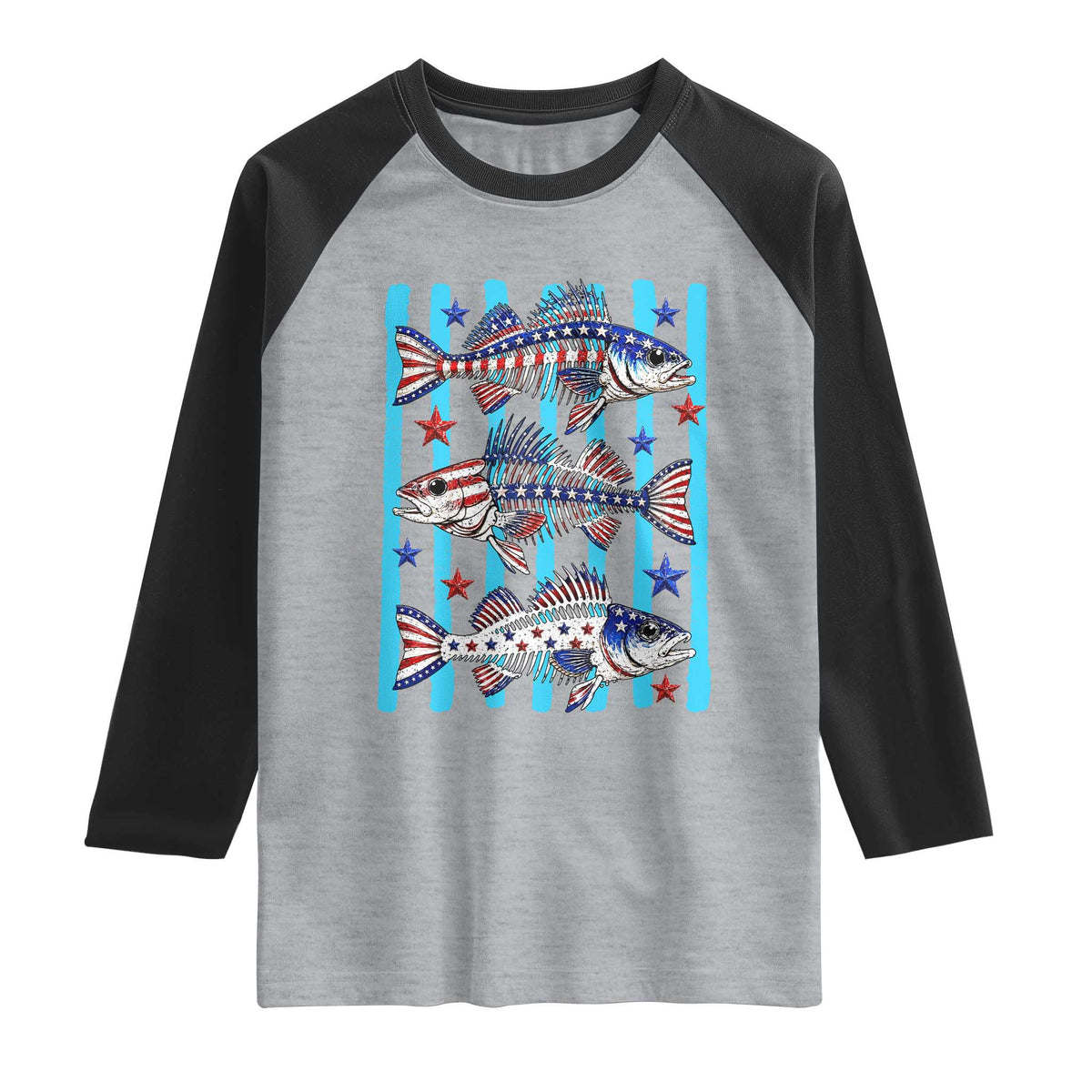 Patriotic Striped Bass Fishing Skeleton Raglan Shirt USA Flag Angler Gift