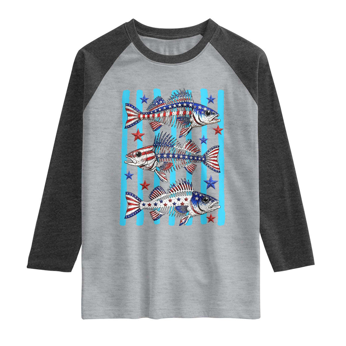 Patriotic Striped Bass Fishing Skeleton Raglan Shirt USA Flag Angler Gift