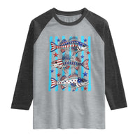 Patriotic Striped Bass Fishing Skeleton Raglan Shirt USA Flag Angler Gift