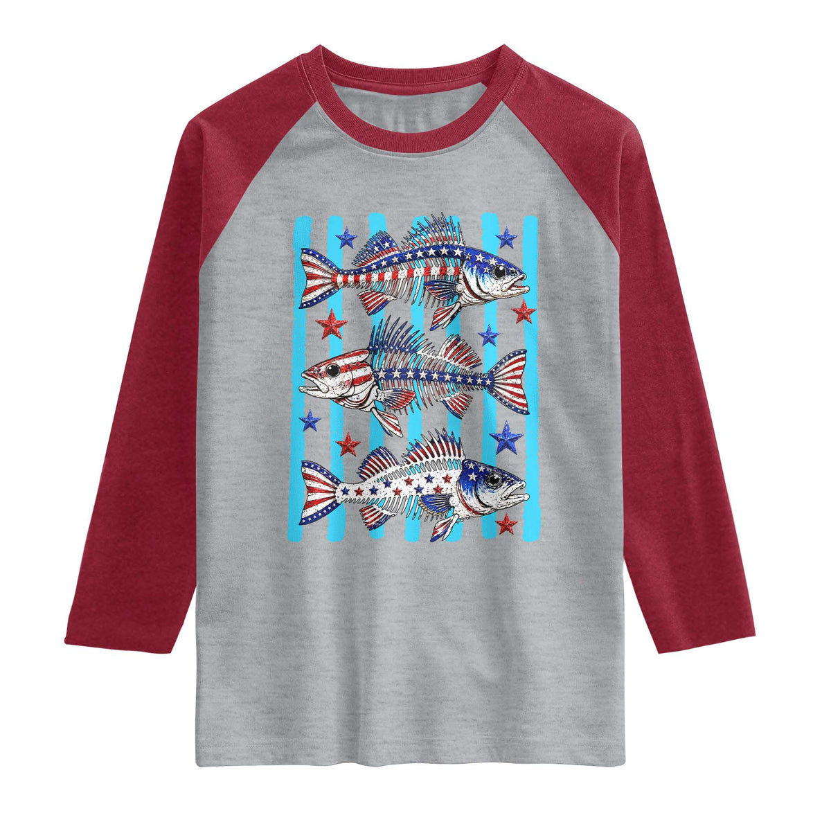 Patriotic Striped Bass Fishing Skeleton Raglan Shirt USA Flag Angler Gift