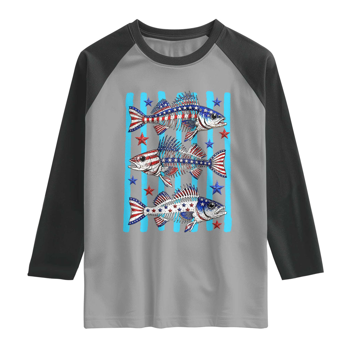 Patriotic Striped Bass Fishing Skeleton Raglan Shirt USA Flag Angler Gift