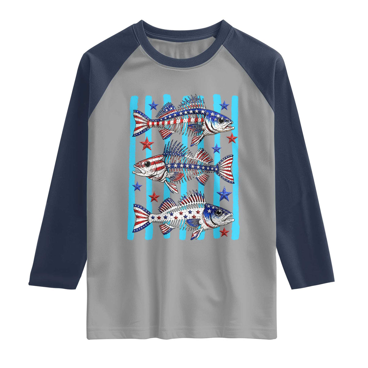Patriotic Striped Bass Fishing Skeleton Raglan Shirt USA Flag Angler Gift