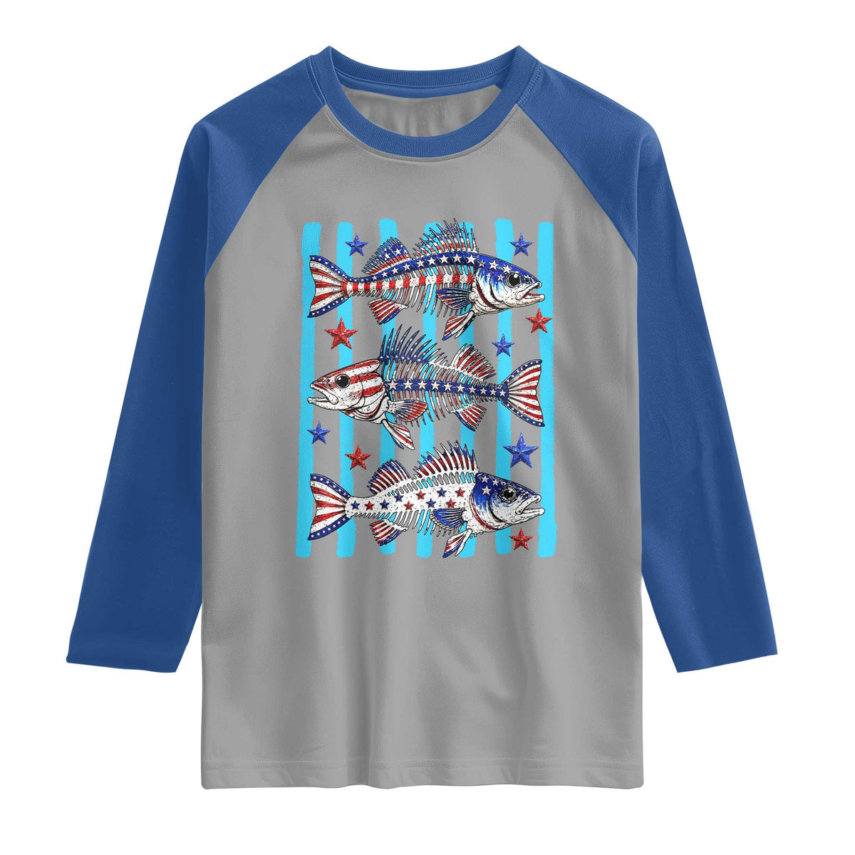 Patriotic Striped Bass Fishing Skeleton Raglan Shirt USA Flag Angler Gift