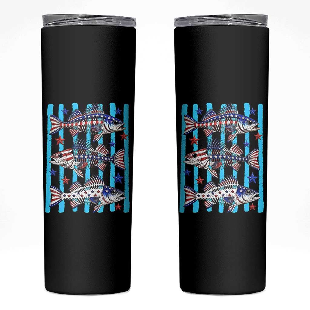 Patriotic Striped Bass Fishing Skeleton Skinny Tumbler USA Flag Angler Gift