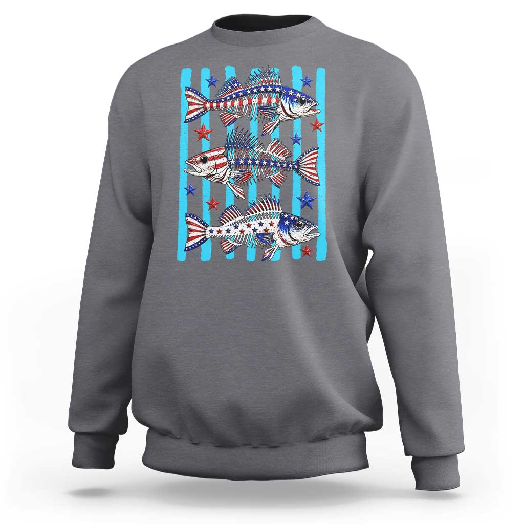 Patriotic Striped Bass Fishing Skeleton Sweatshirt USA Flag Angler Gift