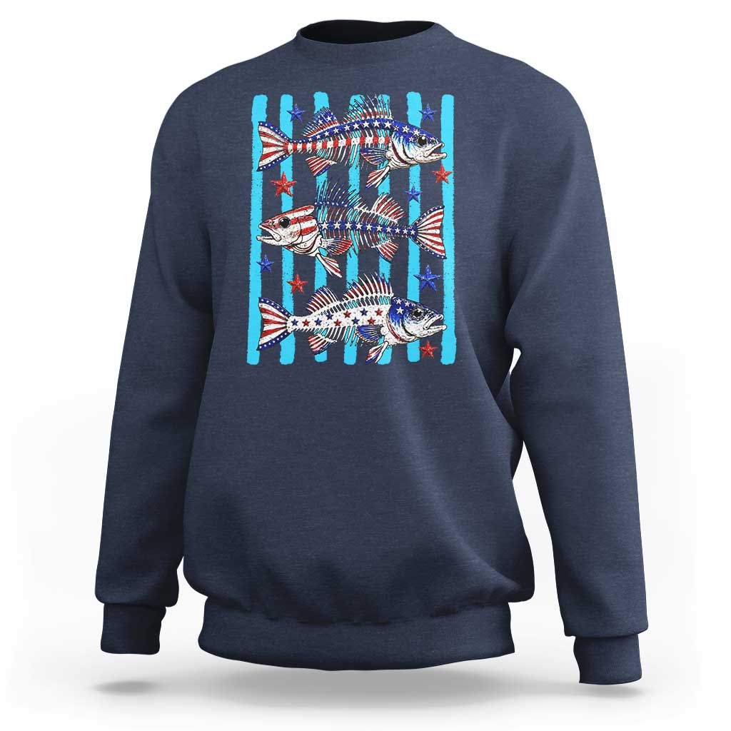 Patriotic Striped Bass Fishing Skeleton Sweatshirt USA Flag Angler Gift