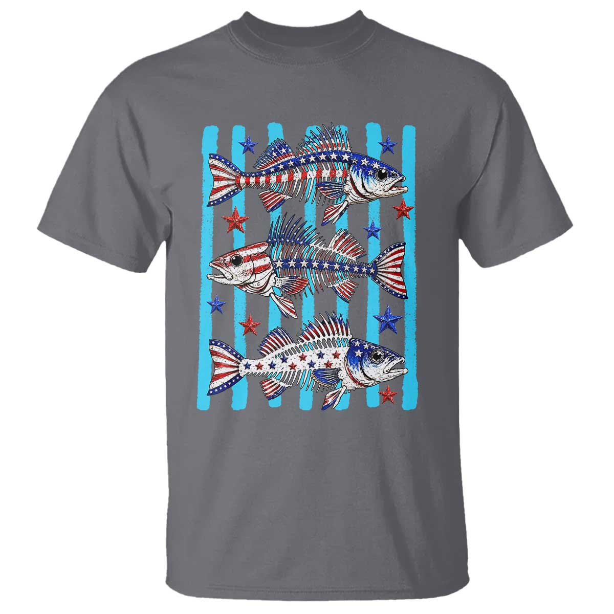 Patriotic Striped Bass Fishing Skeleton T Shirt USA Flag Angler Gift