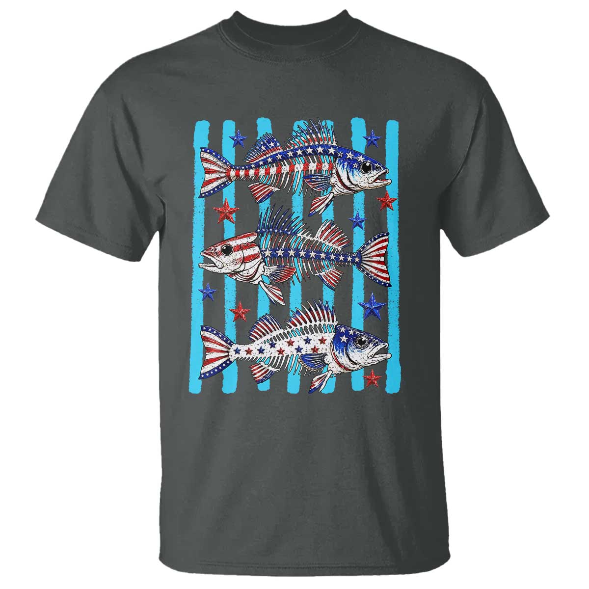 Patriotic Striped Bass Fishing Skeleton T Shirt USA Flag Angler Gift