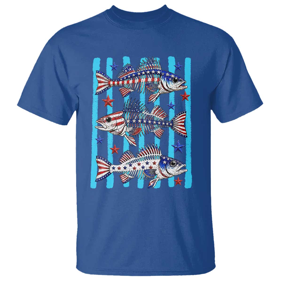 Patriotic Striped Bass Fishing Skeleton T Shirt USA Flag Angler Gift
