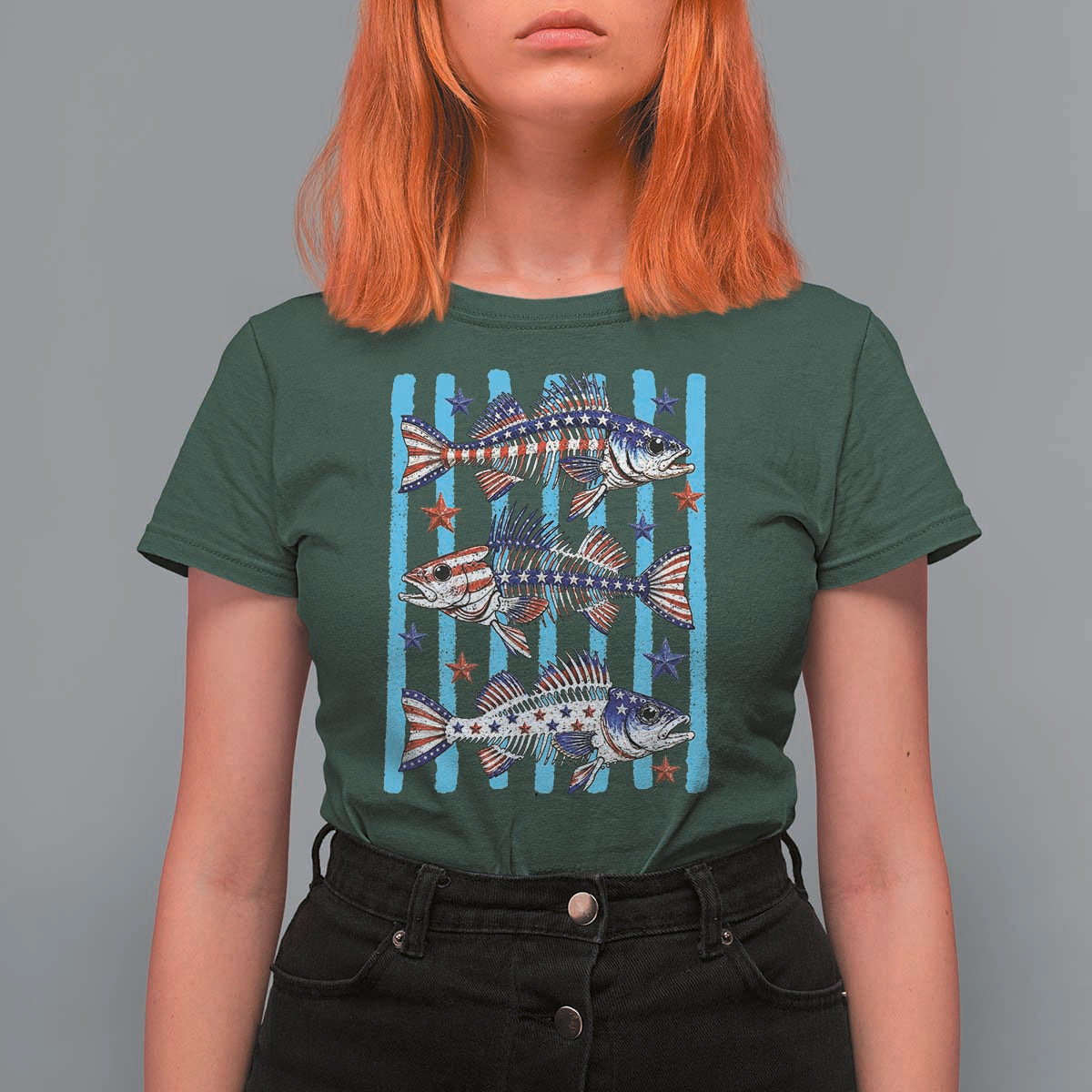 Patriotic Striped Bass Fishing Skeleton T Shirt For Women USA Flag Angler Gift