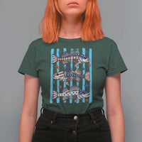 Patriotic Striped Bass Fishing Skeleton T Shirt For Women USA Flag Angler Gift