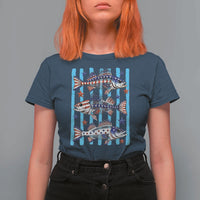 Patriotic Striped Bass Fishing Skeleton T Shirt For Women USA Flag Angler Gift