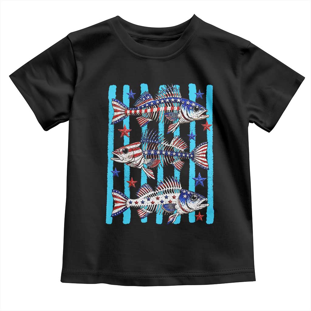 Patriotic Striped Bass Fishing Skeleton Toddler T Shirt USA Flag Angler Gift