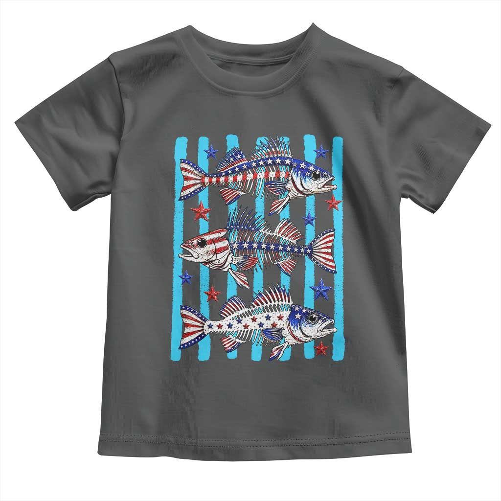Patriotic Striped Bass Fishing Skeleton Toddler T Shirt USA Flag Angler Gift