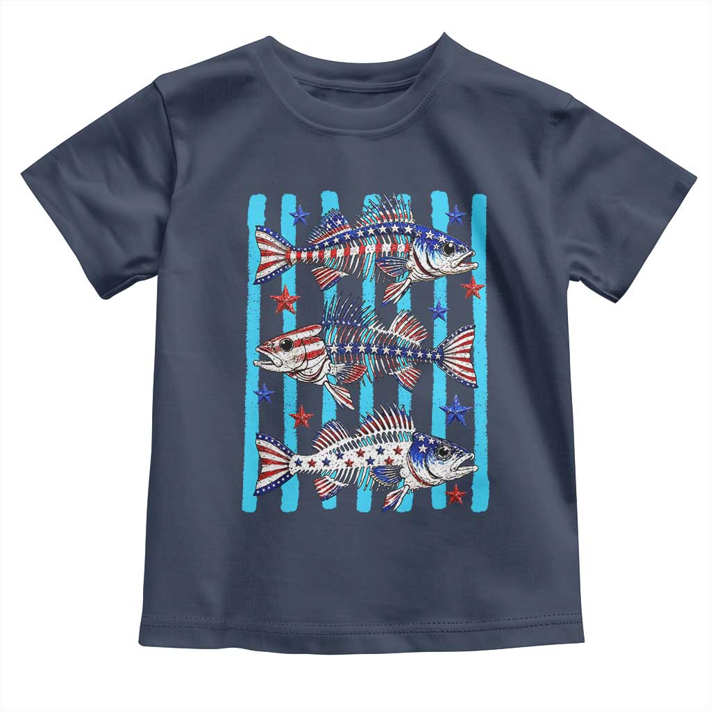 Patriotic Striped Bass Fishing Skeleton Toddler T Shirt USA Flag Angler Gift