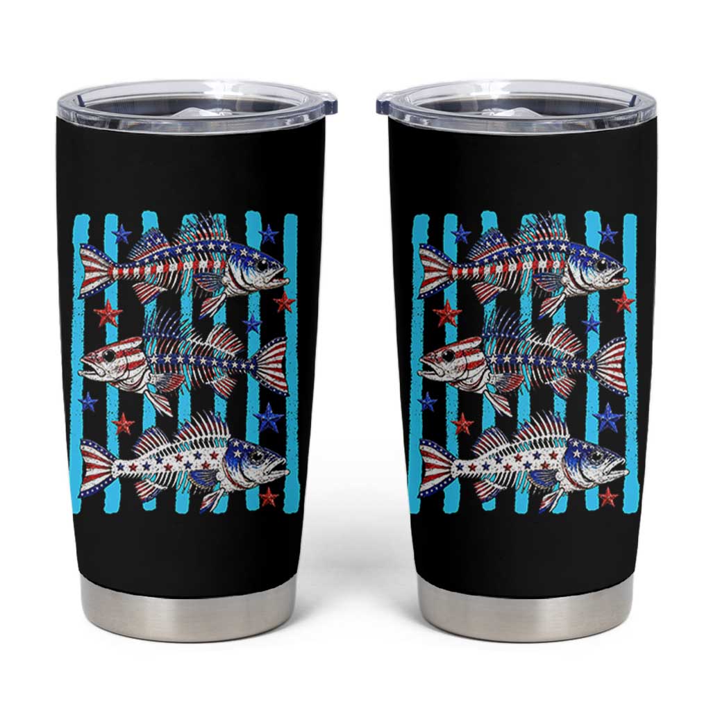 Patriotic Striped Bass Fishing Skeleton Tumbler Cup USA Flag Angler Gift