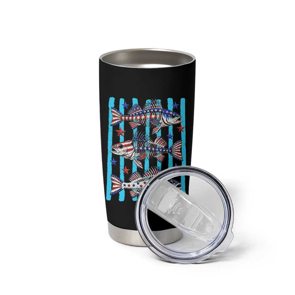 Patriotic Striped Bass Fishing Skeleton Tumbler Cup USA Flag Angler Gift