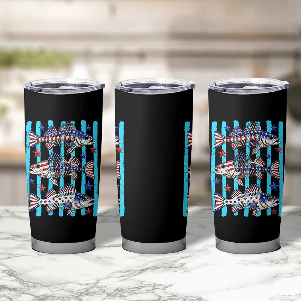 Patriotic Striped Bass Fishing Skeleton Tumbler Cup USA Flag Angler Gift