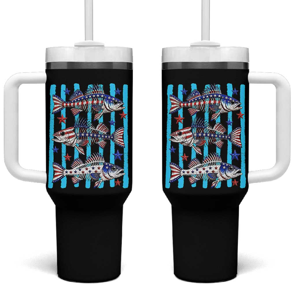 Patriotic Striped Bass Fishing Skeleton Tumbler With Handle USA Flag Angler Gift