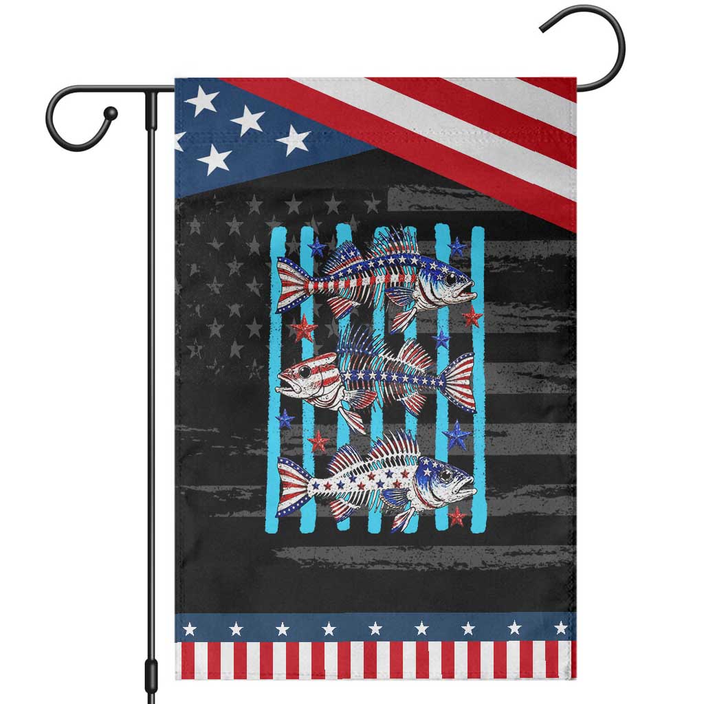 Striped Bass Fishing Skeleton Patriotic Garden Flag USA Flag Angler Gift