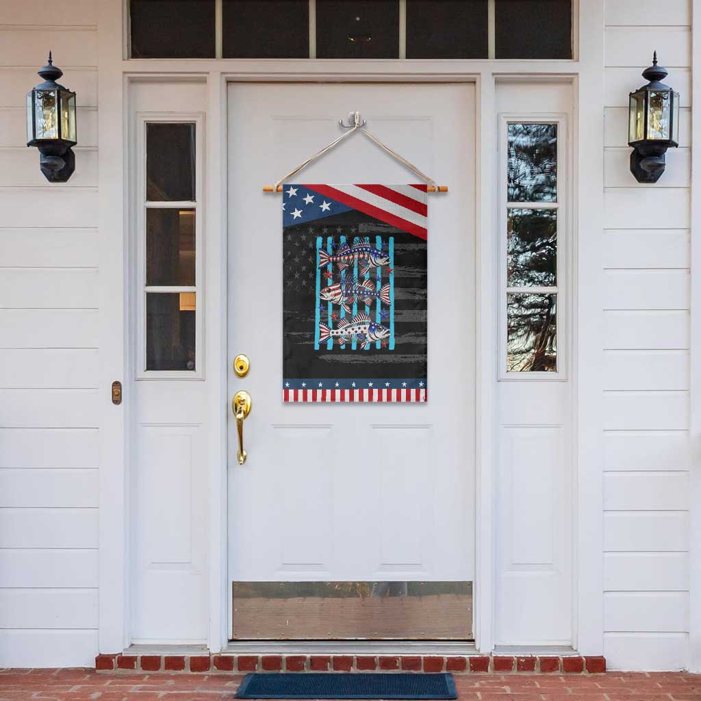 Striped Bass Fishing Skeleton Patriotic Garden Flag USA Flag Angler Gift
