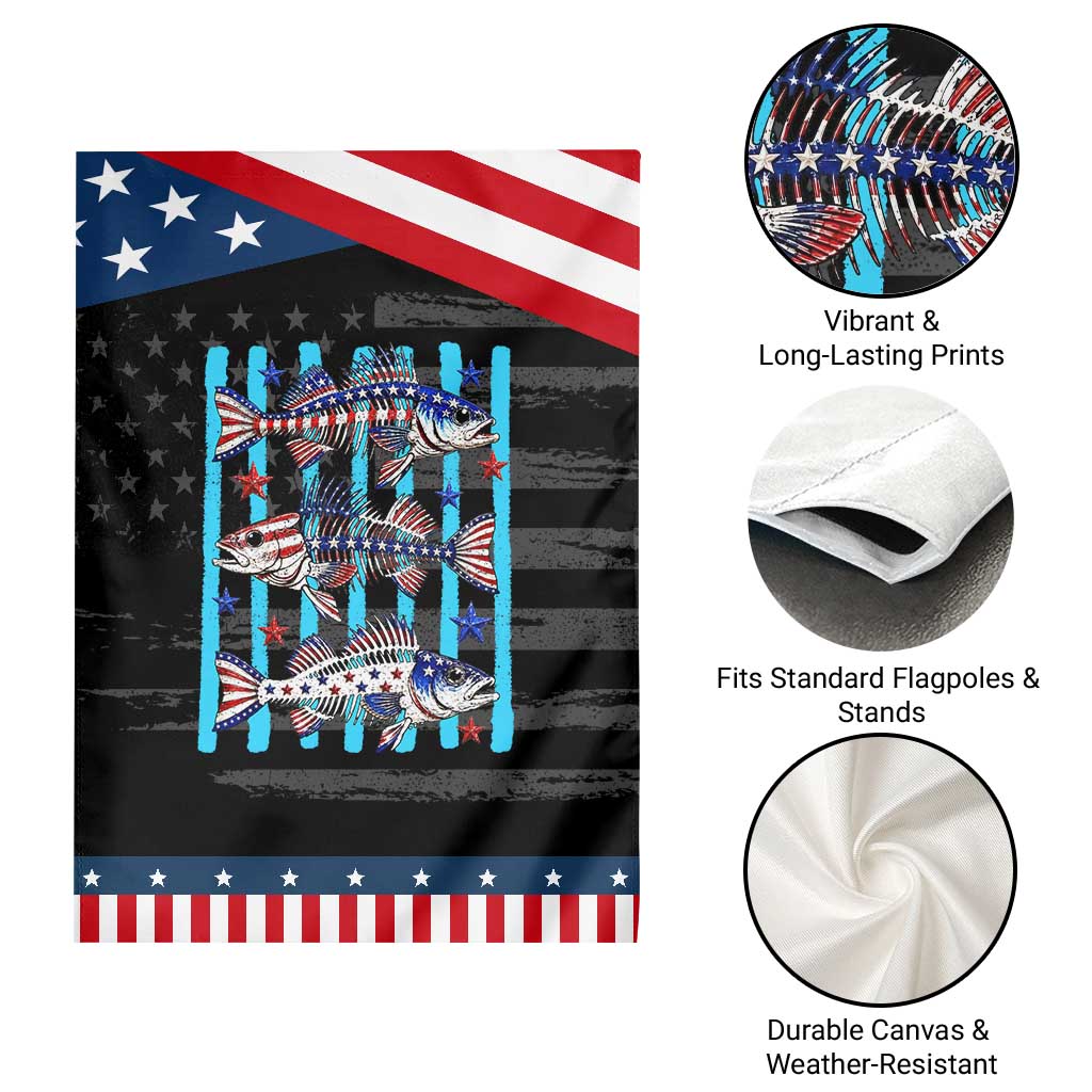 Striped Bass Fishing Skeleton Patriotic Garden Flag USA Flag Angler Gift