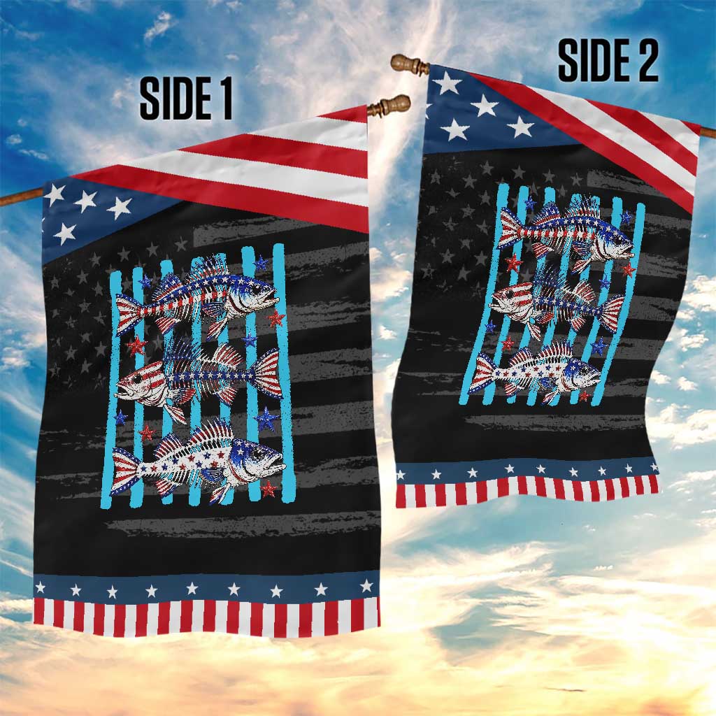 Striped Bass Fishing Skeleton Patriotic Garden Flag USA Flag Angler Gift