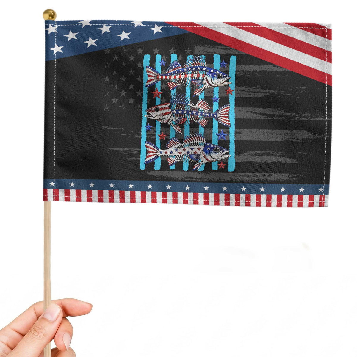 Striped Bass Fishing Skeleton Patriotic Handheld Flag USA Flag Angler Gift