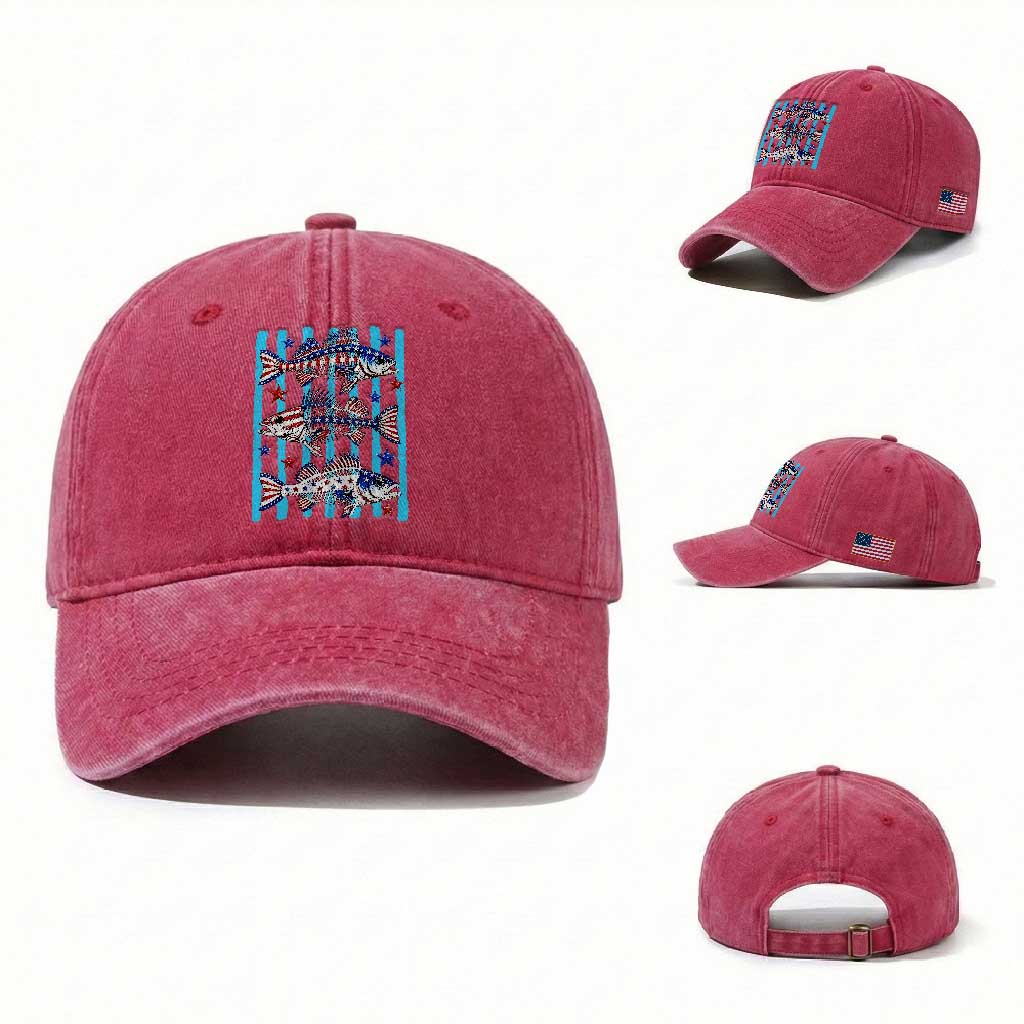 Patriotic Striped Bass Fishing Skeleton Washed Cotton Baseball Cap USA Flag Angler Gift