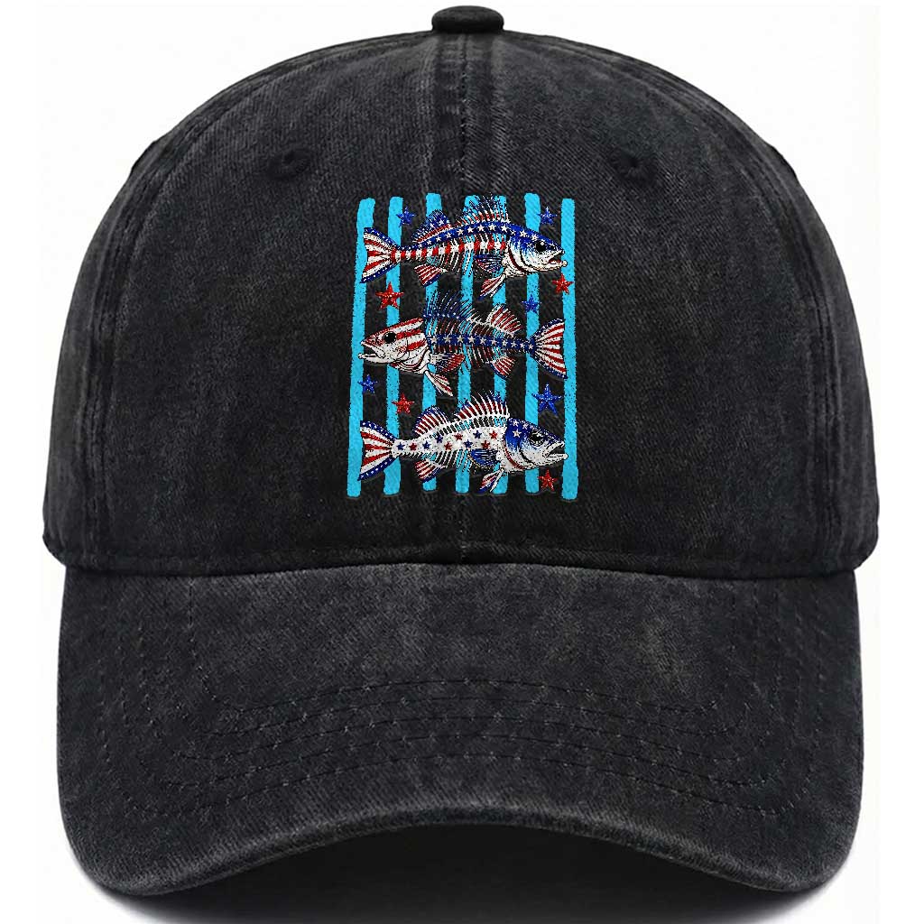 Patriotic Striped Bass Fishing Skeleton Washed Cotton Baseball Cap USA Flag Angler Gift