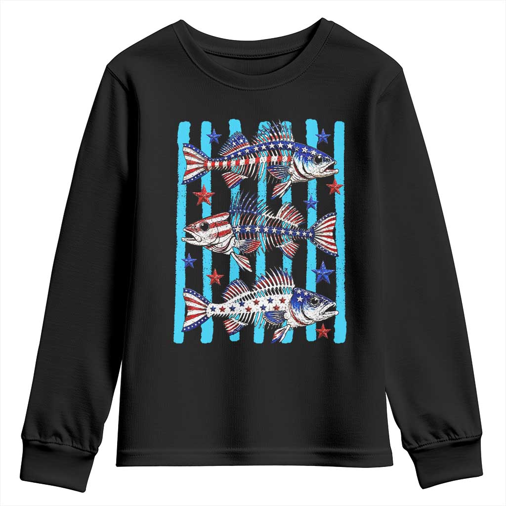 Patriotic Striped Bass Fishing Skeleton Youth Sweatshirt USA Flag Angler Gift