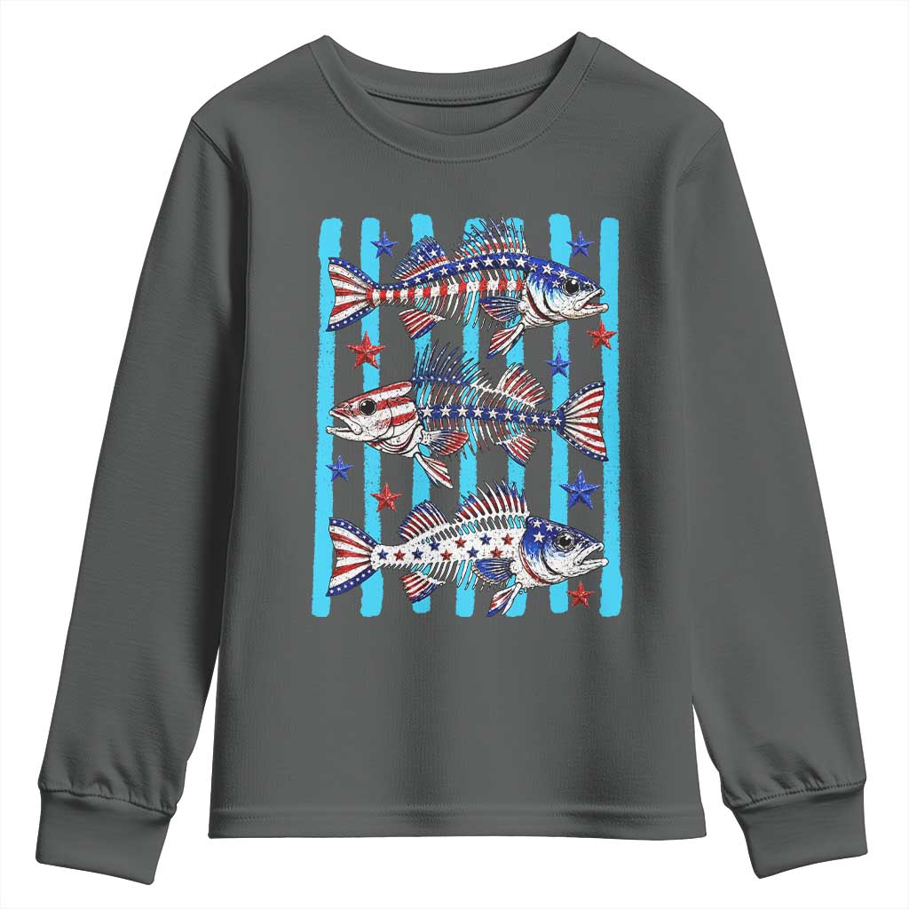 Patriotic Striped Bass Fishing Skeleton Youth Sweatshirt USA Flag Angler Gift