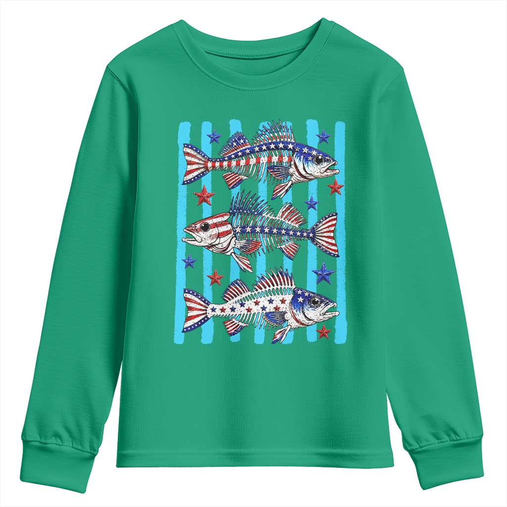Patriotic Striped Bass Fishing Skeleton Youth Sweatshirt USA Flag Angler Gift
