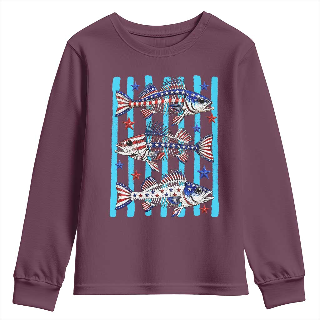 Patriotic Striped Bass Fishing Skeleton Youth Sweatshirt USA Flag Angler Gift
