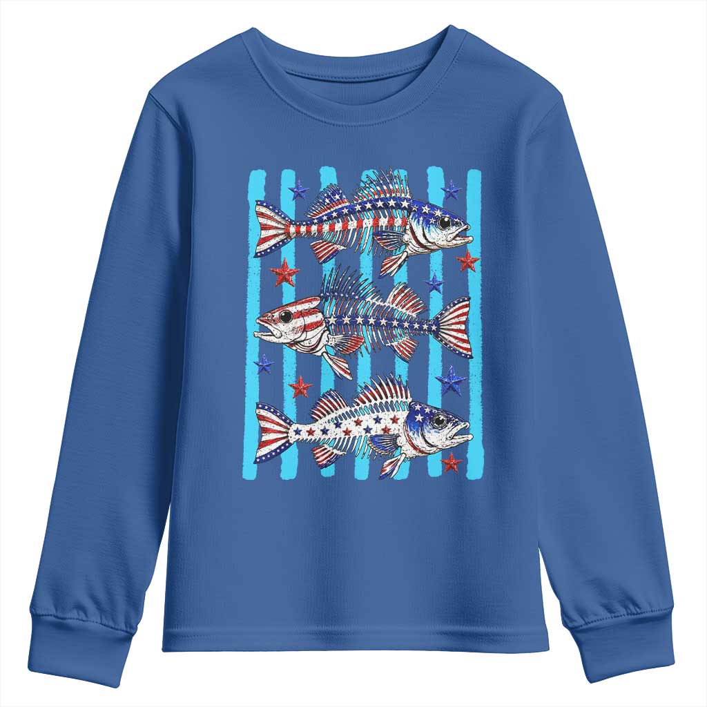 Patriotic Striped Bass Fishing Skeleton Youth Sweatshirt USA Flag Angler Gift