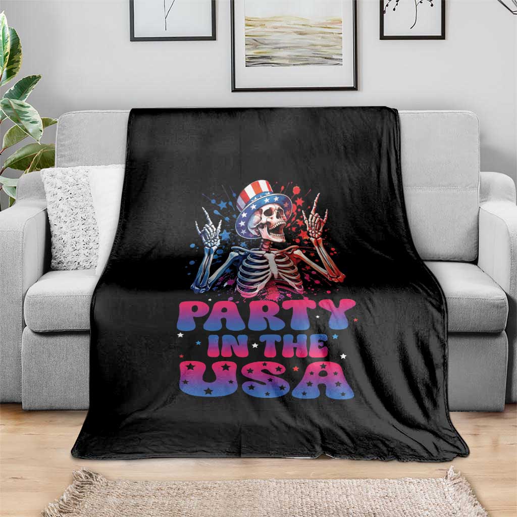 Funny Party In The USA Skeleton Rock Hand Throw Blanket 4th Of July Rocker Gift