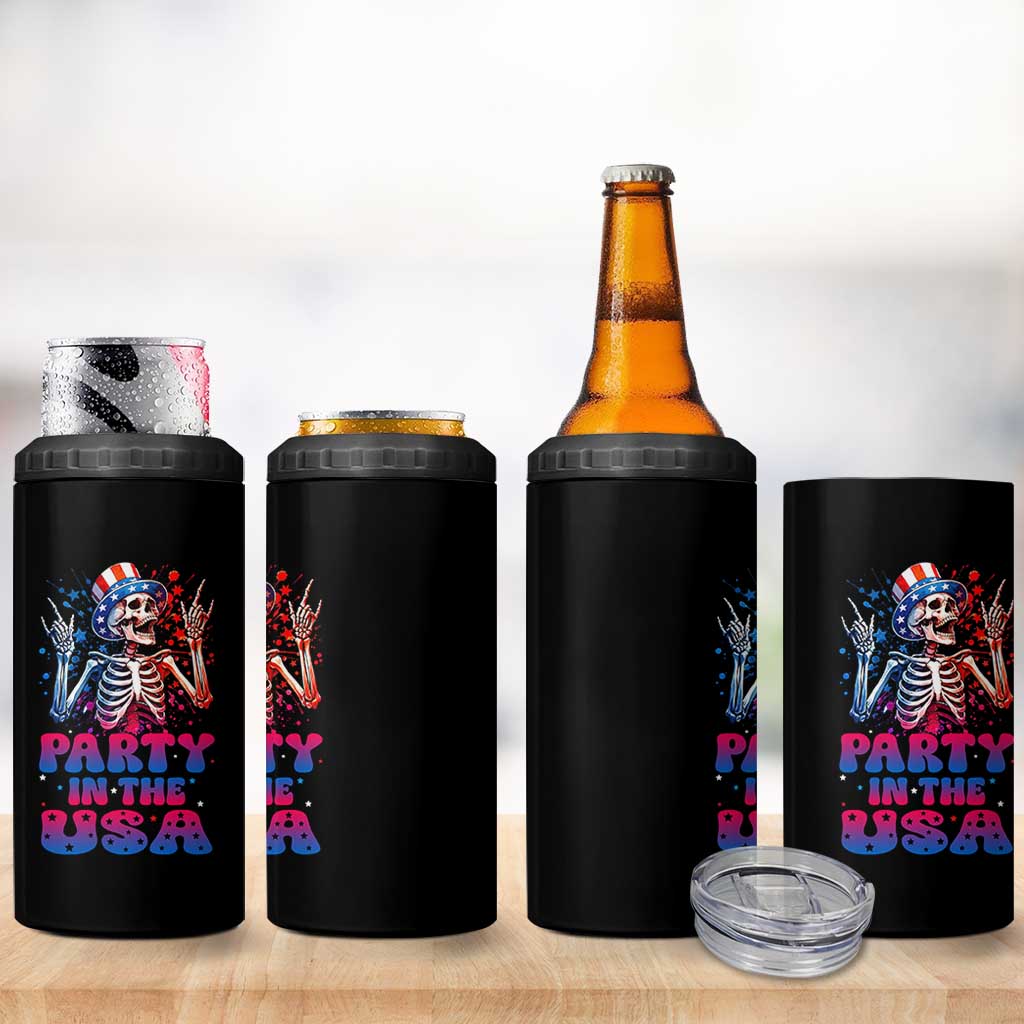 Funny Party In The USA Skeleton Rock Hand 4 in 1 Can Cooler Tumbler 4th Of July Rocker Gift