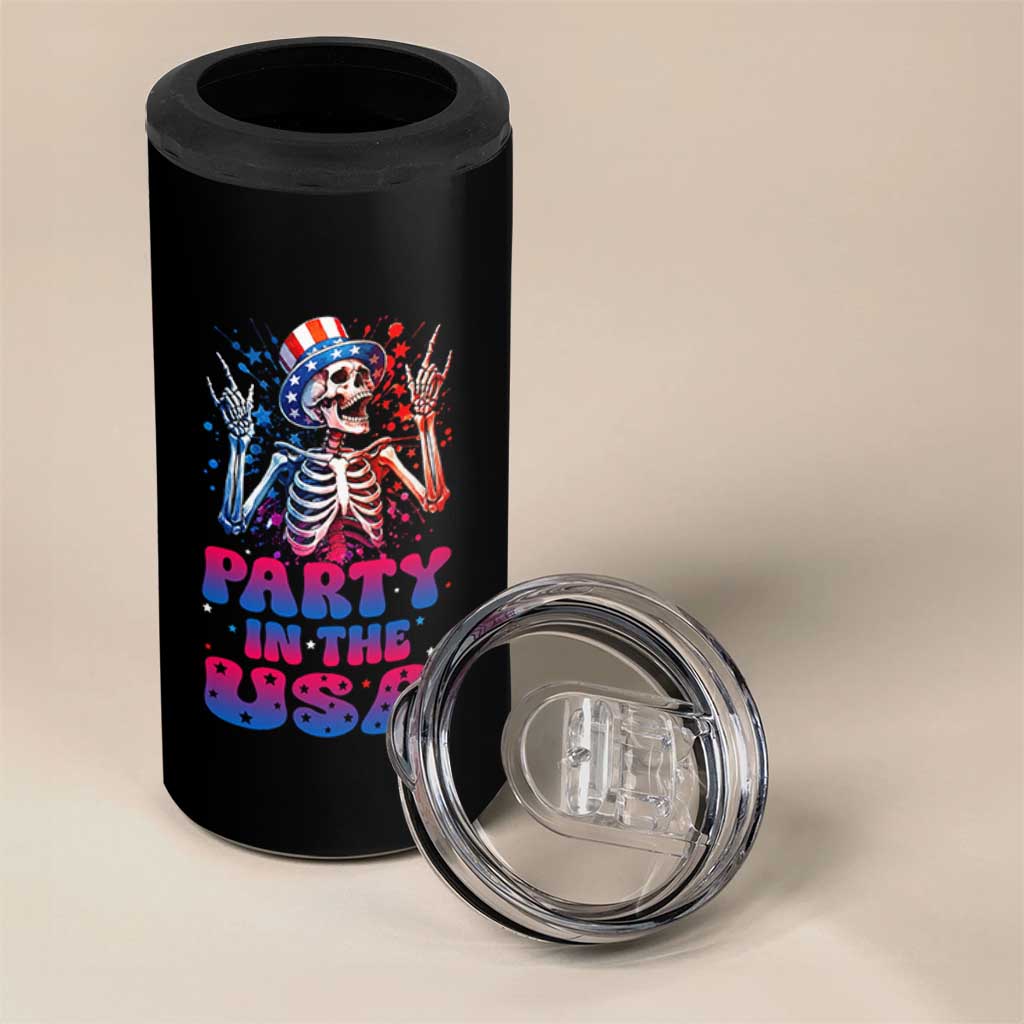 Funny Party In The USA Skeleton Rock Hand 4 in 1 Can Cooler Tumbler 4th Of July Rocker Gift