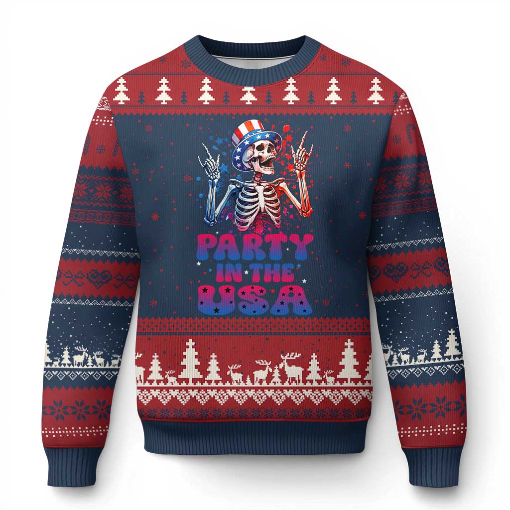 Funny Party In The USA Skeleton Rock Hand Ugly Christmas Sweater 4th Of July Rocker Gift
