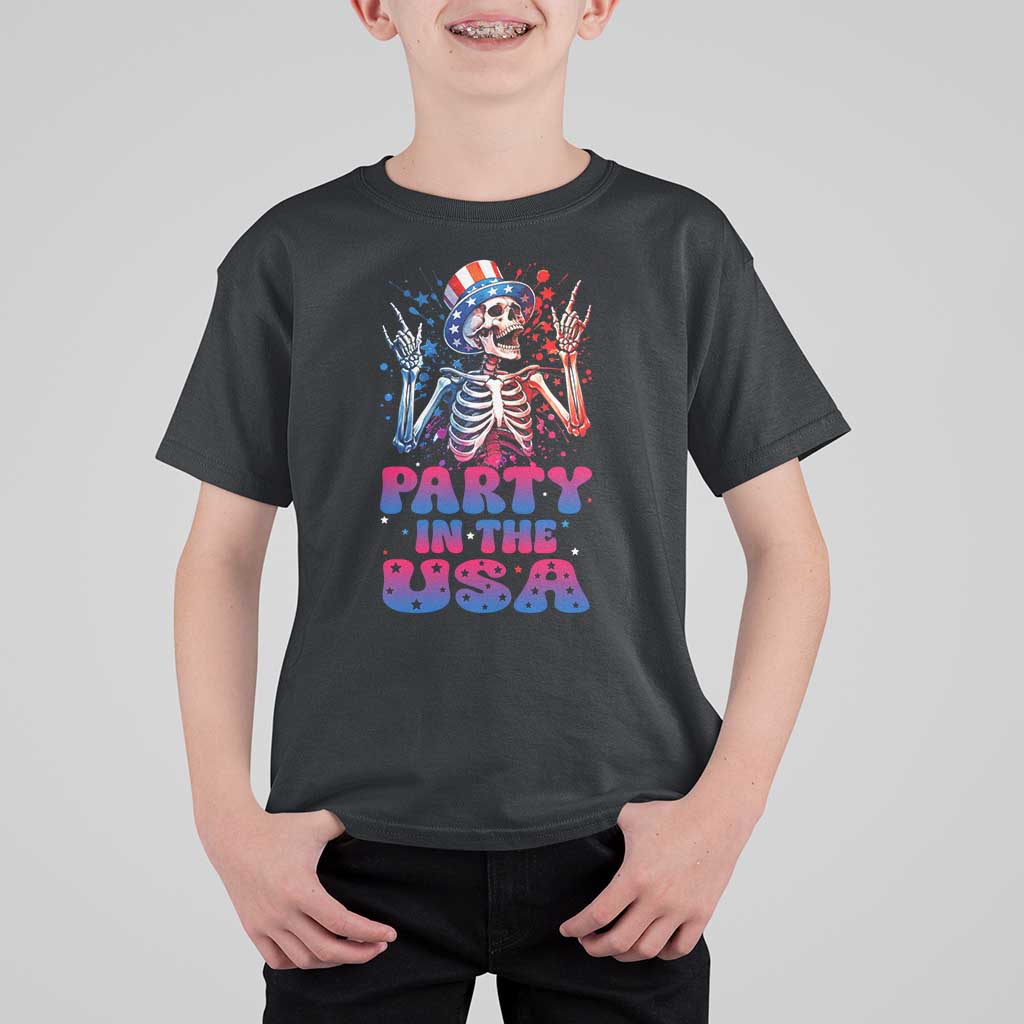 Funny Party In The USA Skeleton Rock Hand T Shirt For Kid 4th Of July Rocker Gift