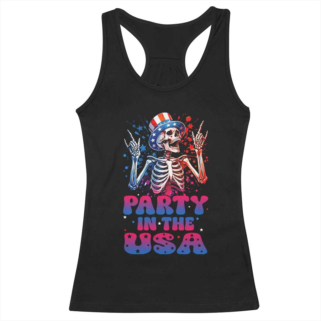 Funny Party In The USA Skeleton Rock Hand Racerback Tank Top 4th Of July Rocker Gift