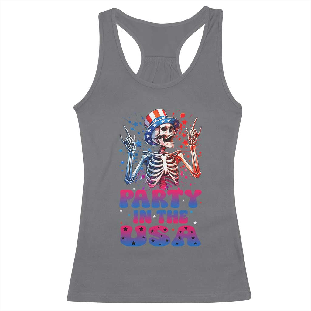 Funny Party In The USA Skeleton Rock Hand Racerback Tank Top 4th Of July Rocker Gift