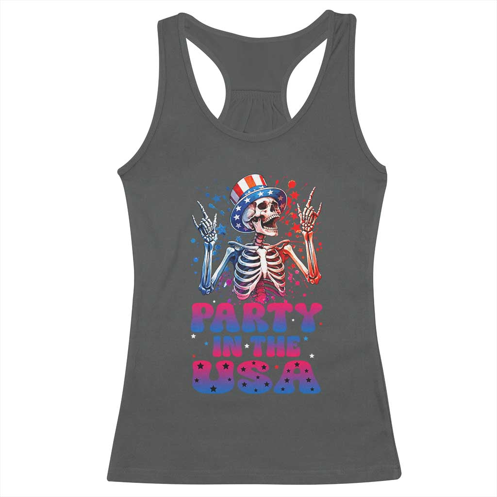 Funny Party In The USA Skeleton Rock Hand Racerback Tank Top 4th Of July Rocker Gift
