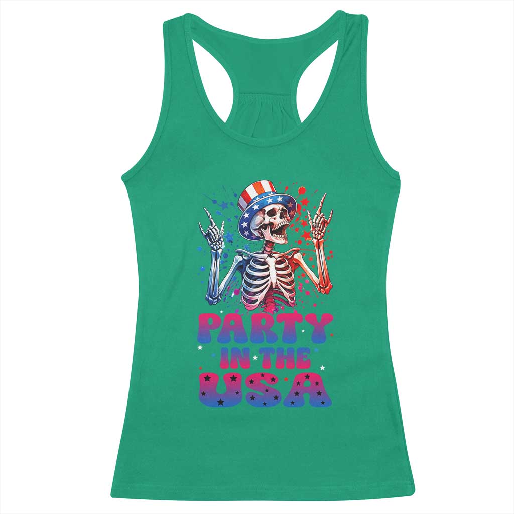 Funny Party In The USA Skeleton Rock Hand Racerback Tank Top 4th Of July Rocker Gift
